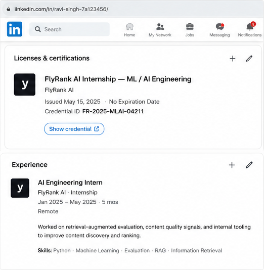 Sample LinkedIn profile showing a FlyRank credential and internship experience.
