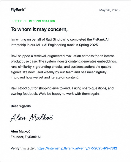 Sample FlyRank recommendation letter signed by Alen Malkoc.